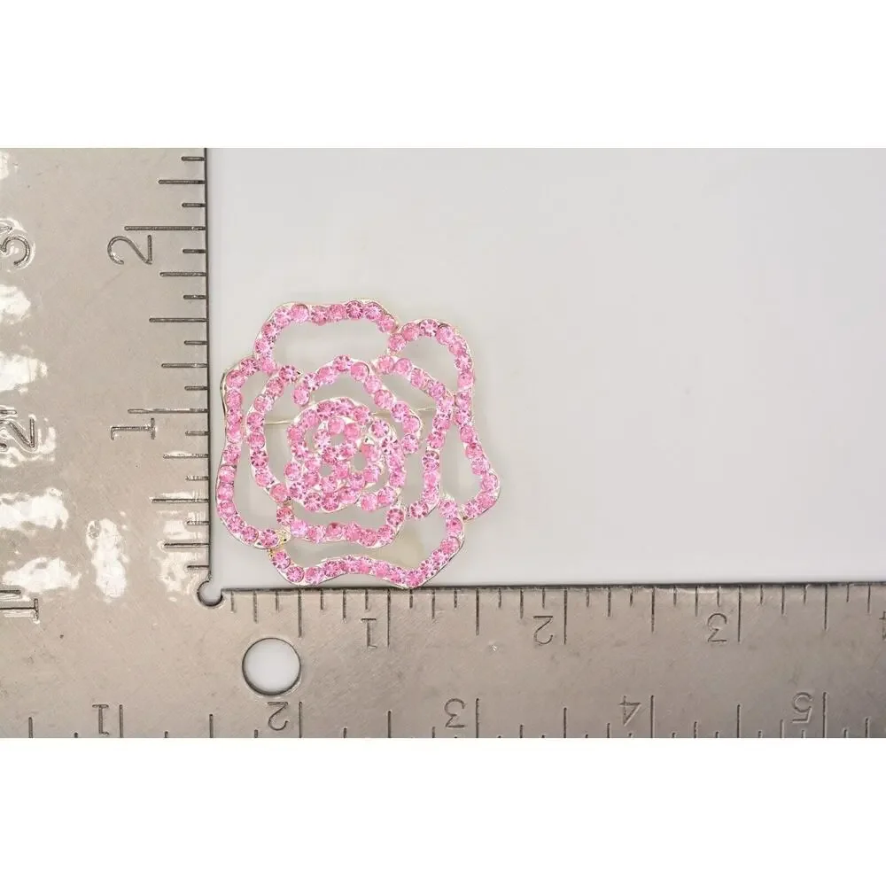 Vintage Rose Pin Brooch Flower Pink Lucite Rhinestone Crystal Silver Tone Bin5B